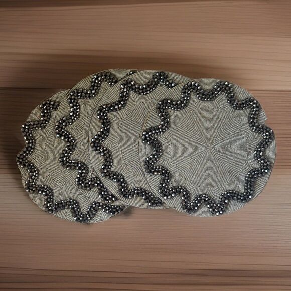 4 Pier One Imports Round Gray And Black Beaded Placemats - Picture 1 of 9